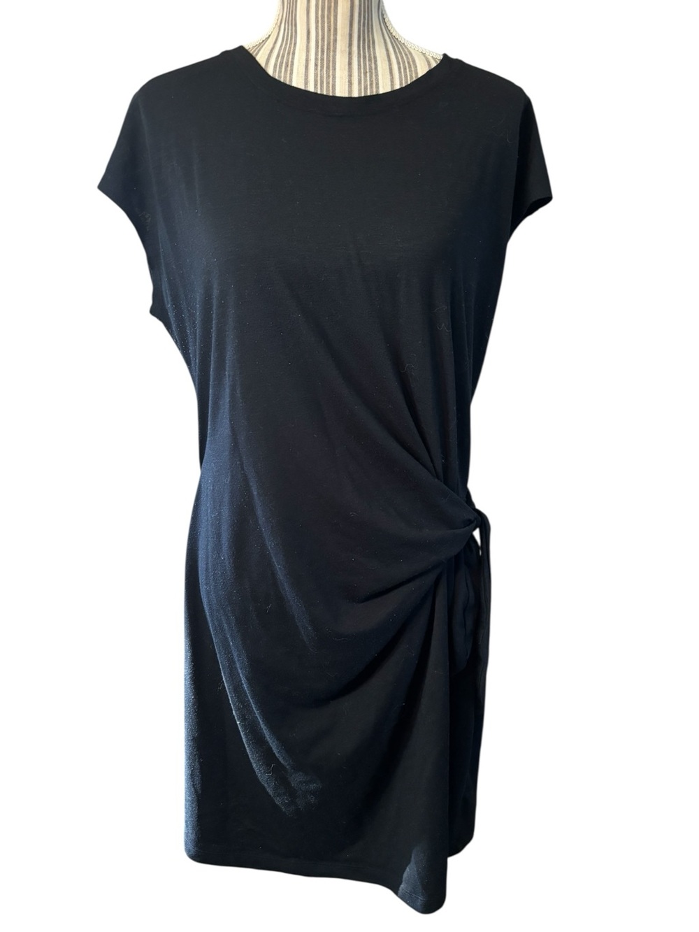 Nicole Miller Original Dress Large Black Mini Side Ties/ Knot Crewneck Cap Slvs